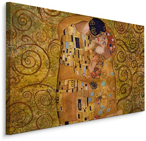 Muralo Leinwandbilder 120x80 Reproduktion Gustav Klimt Canvas Wandbild Kunstdruck Kunst Kuss Liebe Verliebt Schlafzimmer Wohnzimmer Wanddekoration Design XXL 1235 Br. 120 cm x Hö. 80 cm