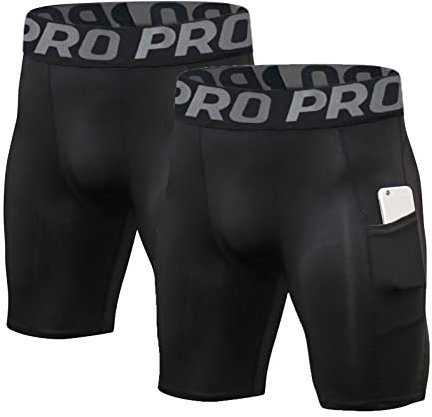 LANBAOSI Lot de 2 Short Compression Homme Running Séchage Rapide Short Cycliste Collant Court de Sport Gym Leggings avec Poche, Noir, M