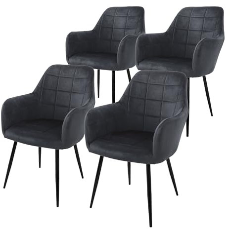 ECD Germany 4er Set Esszimmerstühle mit Rückenlehne, Dunkelgrau, Küchenstuhl mit Samtbezug, Polsterstuhl mit Metallbeinen, Ergonomischer Stuhl für Esstisch, Esszimmerstuhl Wohnzimmerstuhl Küchenstühle