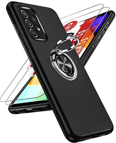 LeYi Hülle für Samsung Galaxy A52S 5G/A52 4G/5G Kameraschutz Handyhülle& 2*Hartglas Folie, Hybrid Schutzhülle Militär Standard Stoßfest Case Handy Hüllen Cover mit Metall Ring Ständer Halter Schwarz