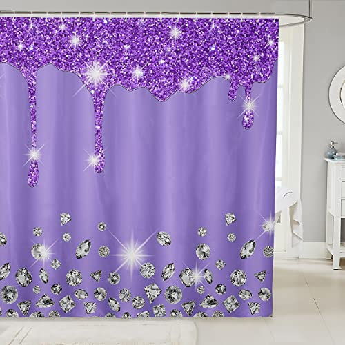 Loussiesd Silver Glitter Shower Curtain (No Glitter) Bling Partyations Purple Bathroom Fabric Set Diamond and Jewelry Bath Waterproof Curtains Stalls Bathtubs 72x72 Inch, Multicolored 2