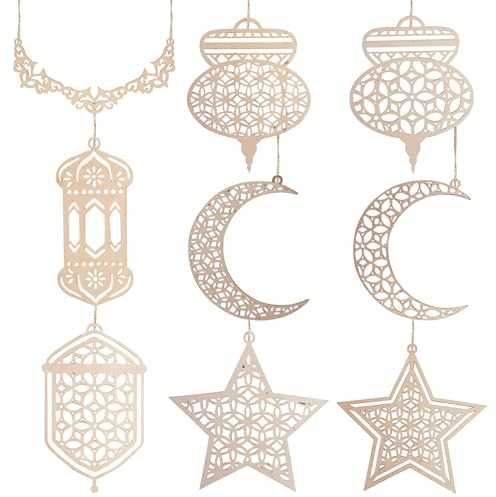 Holz Anhänger Ornament, Eid Hängendes Zeichen, Deko Zuckerfest zum Aufhängen, Eid DIY Dekorationen mit Mond Stern Pendelleuchte Windform Halbmond Ornament für Muslimischen Islam Eid Al-Fitr