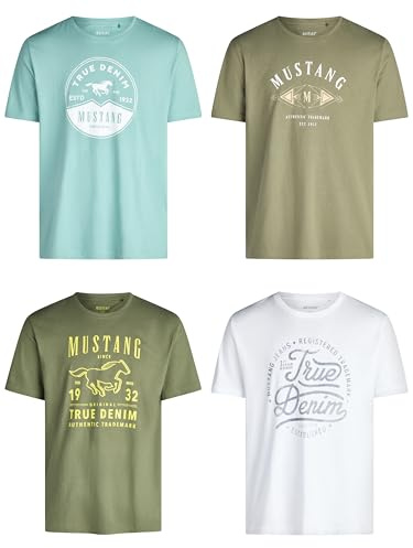 MUSTANG Tshirt Herren Baumwolle Regular Fit 4er Pack Set Rundhals Kurzarm Sommer Tee Shirt Logoprint Schwarz Weiß Grau Blau Grün S M L XL XXL 3XL 4XL 5XL 6XL