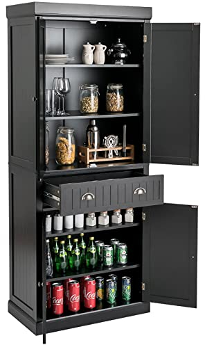 TANGZON Tall Kitchen Cupboard, 183cm 4-door Storage Cabinet with Drawer, Adjustable Shelves, Door Racks & Anti-tipping Device, Freestanding Wooden Sideboard Organiser (Balck, without Door Racks)