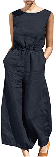 EMATOP Latzhose Damen Sommer Ärmellose Overalls Baumwolle Leinen Freizeithose Casual Einfarbig Jumpsuit Langes Weites Bein Hose mit Taschen Playsuit Loose Trägerhose Arbeitshose Oversize