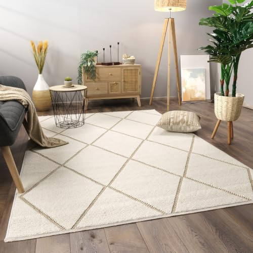 Paco Home Teppich Wohnzimmer Schlafzimmer Kurzflor Skandinavisches Boho Muster Geometrische Optik Einfarbig Moderne Deko, Grösse:160x220 cm, Farbe:Beige 2