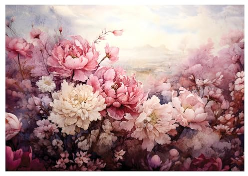 WallArena - Vlies Fototapete Blumen Rosen Pfingstrosen Betonwand 416x290 cm - Fototapeten - Tapeten - für Wohnzimmer Schlafzimmer - Vliestapete Wandtapete Tapete 3D Effekt- inkl. Kleister