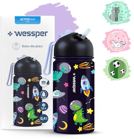 Wessper Trinkflasche Kinder mit Trinkhalm 410 ml Edelstahl, Auslaufsicher, Federleicht | 1-Klick Verschluss, BPA-Frei, für Kindergarten oder Schule, Sport – Schwarz mit Weltraummotiv