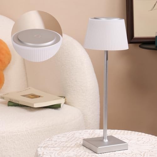 Aigostar LED Akku Tischlampe Kabellos, Tischleuchte Touch Dimmbare, 3 Farbtemperatur, Nachttischlampe IP54 Wasserdicht für Innen und Außen, Schlafzimmer, Wohnzimmer, Restaurant, Garten - Silber