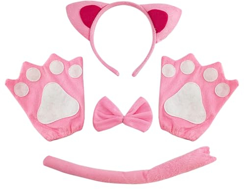 TSHAOUN 4 Pezzi Gatto Cosplay Set, Costume Giochi Gatto Peluche Artiglio Guanti Gattino Orecchie Coda e Fiocco per Dress Up Carino Costume Party Decoration Set per Bambini Donne Ragazze (Rose)