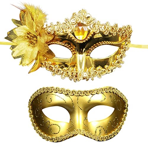 OIDEA Lot de 2 masques vénitiens Fleur : Or Mascarade pour Couples avec Lys Masque pour les Yeux Couple Léger Confortable pour Fête de Bal Costume Carnaval Cosplay Masquerade pour Femme Homme