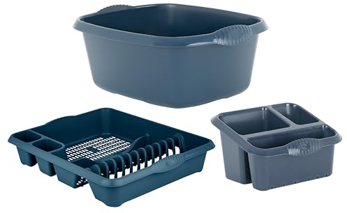 JMS we create smile Plastic Large Kitchen Sink Set of 3 Rectangular Washing Up Bowl, Sink Tidy and Large Dish Drainer (Navy)