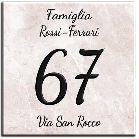 Numero Civico Targa Decorativa PERSONALIZZABILE,Numero Civico su Mattonella in Ceramica 11x11cm, 15x15cm, 20x20cm con Indirizzo e Nome Famiglia Personalizzato,Numeri Civici Moderni. (PM)