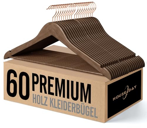 HOUSE DAY Kleiderbügel Holz, Holzkleiderbügel,Kleiderbügel Nussbraun | 60er Holz kleiderbügel für Anzüge, 360° drehbarer Haken in Roségold, rutschfest, Einkerbungen im Schulterbereich