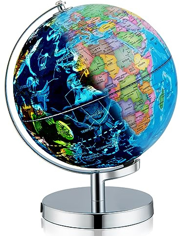 HOMASIS 23,5 cm Globus mit LED, drehbarer Leuchtglobus mit Sternkarte & Englische Geografische Karte, Weltkugel mit Metallsockel, Erdkugel für Kinder in Zuhause, Schulen & Büro
