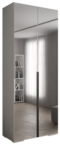 MEBLE KRYSPOL Inova 1 Moderner Schrank mit Spiegel, Regalen - Aufbewahrungsschrank für Schlafzimmer, Wohnzimmer - 236,7x100x47 cm - KGoldpusfarbe Weiß - Frontfarbe Weiß - Grifffarbe Schwarz