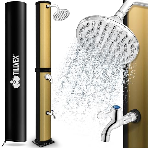 tillvex Doccia Solare con Coperchio di Protezione, Doccia da Giardino a energia Solare, per Piscina, Senza Collegamento di Alimentazione, con Rubinetto (Nero/Oro, 60 Litri)