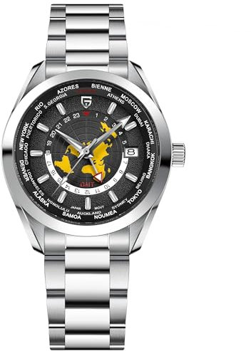 Pagani Design Luxus Herren Automatik Mechanische Uhren Japanisches NH34 GMT Uhrwerk Synthetik Saphir Edelstahl Wasserdicht Multifunktionale Sport Armbanduhr, Schwarz