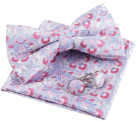 Alizeal Lot de 3 nœuds papillon pré-noués pour homme Motif floral et boutons de manchette, 052-Bleu clair + Rose vif, taille unique