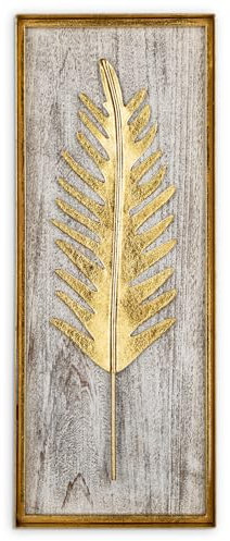 Briful Metal Wall Décor Framed Wall Art - Gold Palm Leaf on Wooden Baseplate - 40x16 cm Hanging Wall Decorations Modern Accents for Living Room Bathroom Bedroom Decor