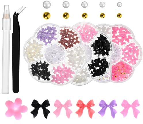 3Box 3D Bow Nail Charms Kit, Colorful Resin Flatback Bowknot Nail Charms Cute, Mixed Flower Pearls Bows for Nails Design, Bow Nail Charms Nail Art Gem for Manicure Decorations DIY Accessories