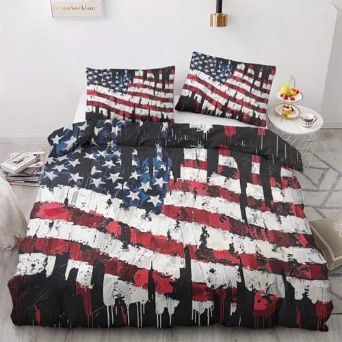 Generisch Usa Flagge Deko - Winter Bettwäsche 155x220 Usa Flagge, Amerikanische Flagge Bettbezug 3teilig mit 2 Kissenbezug 80x80, Weiche Mikrofaser Winterbettwäsche mit Reißverschluss Z#&262