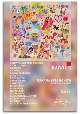 KINGGHYLL Karol G Album, Mañana Será Bonito Tracklist-Poster, dekoratives Gemälde, Leinwand-Poster, Wandkunst, Wohnzimmer-Dekor, modernes ästhetisches Poster, 30 x 45 cm, ungerahmter Stil