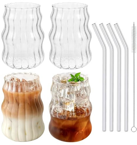 DENUOTOP Juego de 4 vasos con pajita de cristal, vasos de agua de 530 ml, vasos de burbujas para café helado, latte macchiato, vasos de mojito, apto para lavavajillas