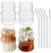 DENUOTOP Juego de 4 vasos con pajita de cristal, vasos de agua de 530 ml, vasos de burbujas para café helado, latte macchiato, vasos de mojito, apto para lavavajillas
