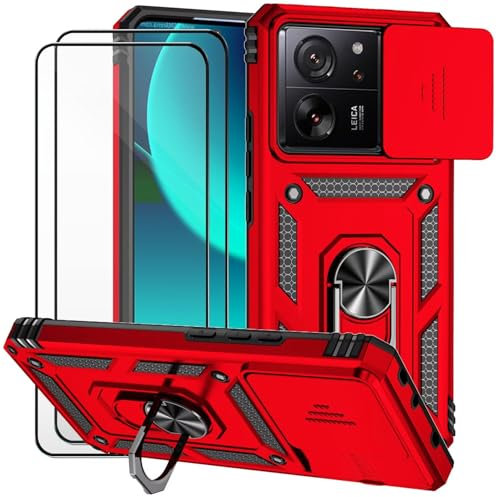 Dechyi Coque pour Xiaomi 13T / Xiaomi 13T Pro avec Verre TrempéLentille Coulissante Couverture Support d’Anneau Rotatif Armor Silicone Étui Antichoc Housse Bumper- Rouge