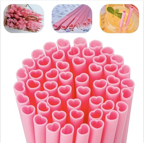 50Pcs Reusable Pink Straws,Heart-Shaped Plastic Straws,Party Straws,with Cleaning Brush, for Valentine's Day Family Bars Cafes Restaurants Parties Celebrations(Each Piece is Individually Packaged)