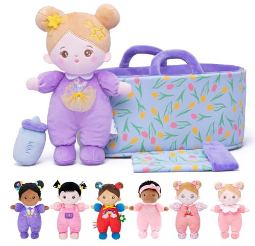 OUOZZZ Baby Puppe mit Tragetasche und Puppenzubehör Lila, 25cm Weiche Stoffpuppe Kuschelpuppe für Kinder ab 3 Monaten - Baby Geschenk zur Geburt Mädchen Jungen