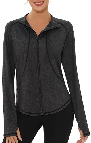 Gyabnw Sport Shirt Damen Fitness Langarm Trainingsjacke Reißverschluss Sweatjacke Leicht Yoga Fitness mit Tasche Daumenloch