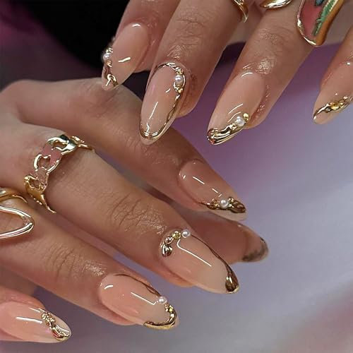 Mrltau 24 Pcs Faux Ongles Or, Press on Nails Amande, Ongles Artificiels Courts, Ongles Artificiels, Ongles Collants, Faux Ongles, Set de Press ons Kunstnägel