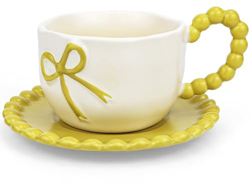 Disoza 350 ML jaune noeud tasse à café Cute Mug Porcelaine Café Thé Tasse Céramique Tasse avec noeud et anse Set de tasses à café avec soucoupe