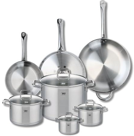 ELO 9513550 Batterie de cuisine 7 pièces, Ensemble de 3 Poêles de cuisson 24, 28 et 32 cm et 4 faitouts 12, 14, 20 et 26 cm Elo Profi Citrin, inox, induction