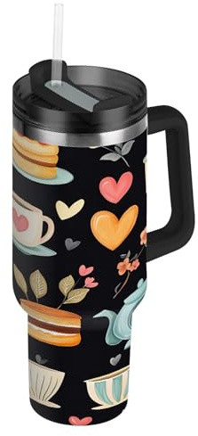 BURSTDDY Cute Cup Insulated Tumbler with Handle and Straw Lid,40oz Leakproof Stainless Steel Cup BPA-Free Water Bottle