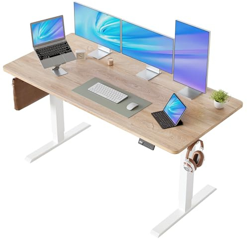 FEZIBO Electric Height Adjustable Standing Desk with digital display control panel, 60x140cm Ergonomic Home Office Table for sit stand with Splice Board & Oak Wood Grain Surface