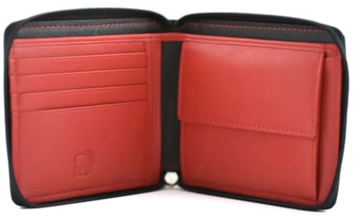 Mala Leather Hudson Zip Around Wallet – RFID Protected Soft Leather Wallet for Men – Coin Pocket, Note Section, 4 Card Slots – Funky Inner Colours, Gift Boxed – 11.5 x 10 x 2 cm (Black/Red)