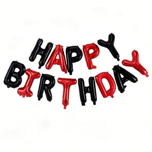 VGRDTW Happy Birthday Banner Black and Red, 16 Inch Mylar Foil Letters Balloons, Reusable Birthday Decorations with Ribbon & Straws, Inflatable Party Supplies for Men Women Decoration