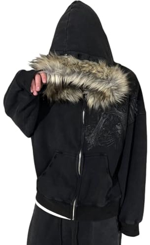 ORANDESIGNE Y2K Hoodie Herren Jacke Zip Up Kapuzenpullover mit Fellkapuze | Alternative Clothes, 2000s Clothes, Y2K Clothes, Swag Clothes, Pelz Wintermantel, Streetwear