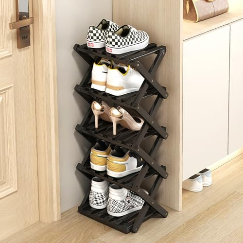 GIRYES Kleiner Schuhschrank, schwarz, 5 Fächer, Bambus, klappbar, Schuhorganizer, freistehender Schrank für Flur, Schlafzimmer, Schrank, Wohnzimmerecke, ohne Installation erforderlich
