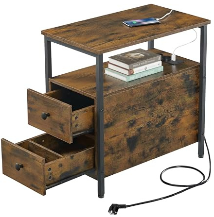 Relaxdays Beistelltisch mit Steckdosen, USB-Anschluss, 2 Schubladen, HxBxT: 61 x 35 x 60 cm, Nachttisch, braun/schwarz