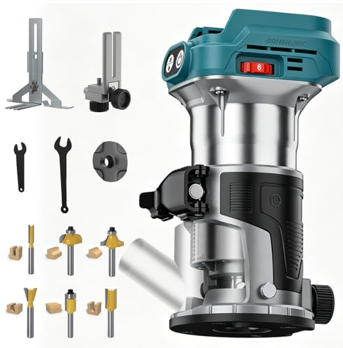 Yofuly Fresatrice Rifilatore per Legno Compatibile con Batterie Makita 18V, Fresa Legno con 6 Velocità | 13000-28000giri/min, Fresatrice Verticale con Set di 6 Frese da 6,35 mm(Batteria Non Inclusa)