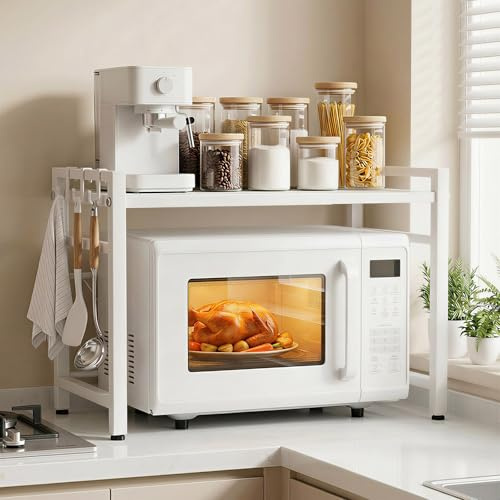 ALANNG Mikrowellen Regal, 2 Stufig Mikrowellenregal Küche Arbeitsplatte, Küchenregal Stehend für Backofen/Kaffeemaschine, Stabile Microwave Stand mit 6 Haken (Weiß, 1Packung)