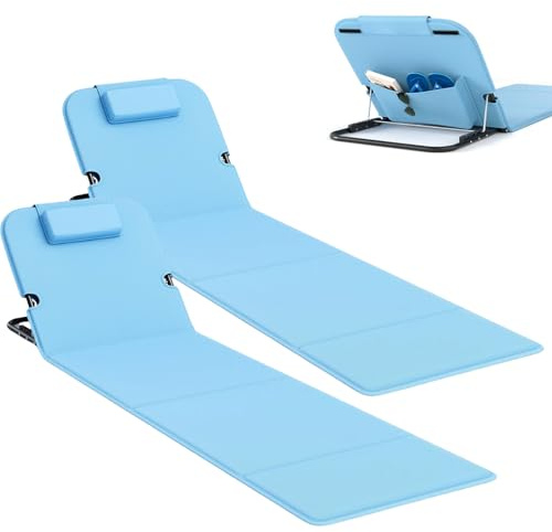 WildFun 2er Set Strandmatte Klappbar mit Rückenlehne 165cm, 5-Stufige Höhe Strandliege Klappbar Leicht mit Staufach, Kopfstütze & Tragetasche, 100 kg Belastbar, für im Freien, Strand (Hellblau)