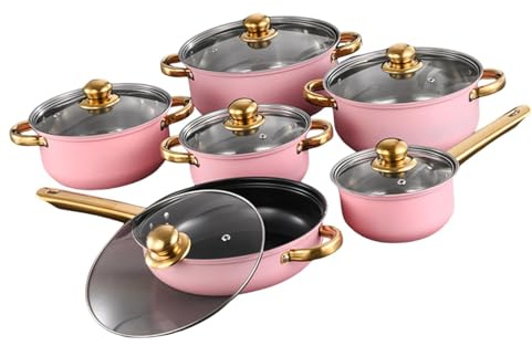 Sharplace 6× Pots and Pans Cookware, Stainless Steel Nonstick Cookware Set with Glass Lids Suitable for Induction Hob with Heat-Resistant Handle, Milk Saucepan and Frying Pan for Kitchen，Pink