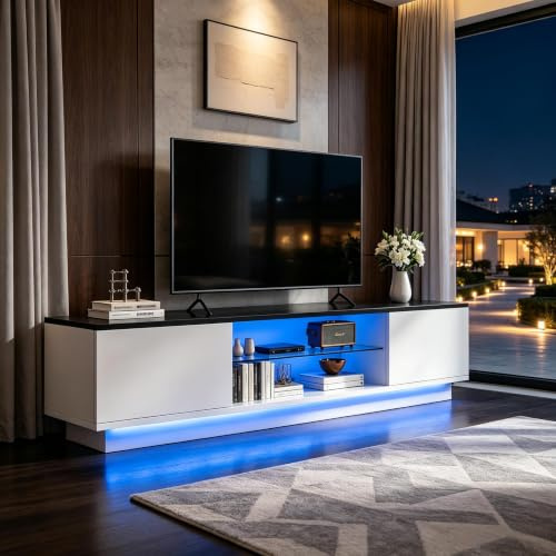 Mueble de TV de 140 cm de largo con LED, Mueble de TV moderno con 2 puertas y estantes abiertos de vidrio, Banco de TV soporte para TV de hasta 65 pulgadas Mueble de televisión blanco para sala de