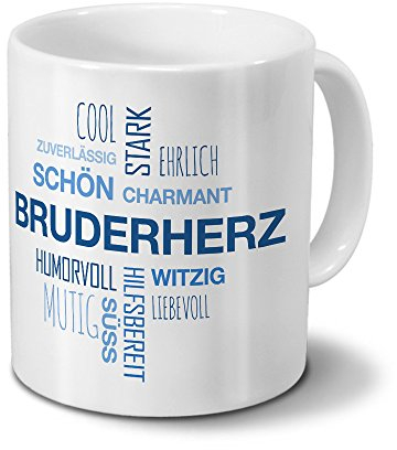printplanet Tasse mit Namen Bruderherz Positive Eigenschaften Tagcloud - Blau - Namenstasse, Kaffeebecher, Mug, Becher, Kaffeetasse