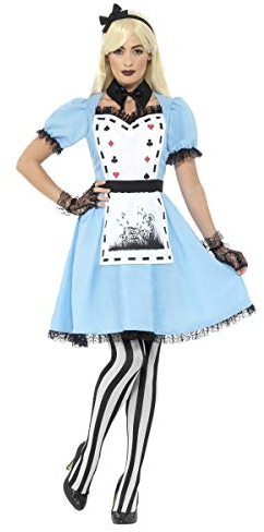 Smiffys Deluxe Dark Tea Party Costume, with Dress, Blue Attached Apron, Collar, Tights & Headband, Fairytale, Wings and Wands Fancy Fancy Dress, Adult Dress Up Costumes